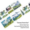 Vintage landscape washi tape with watercolor snow mountains and pine forest scenes - Snowy Forest