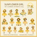 Vintage Sonnenblumen-Mädchen PET-Aufkleber Set mit warmgelben Feengarten-Themenmotiven - Sonnenblumen-Mädchen