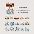 Travel themed PET stickers featuring 15 unique watercolor architecture designs for scrapbooking - Time Travel / 30 Sheets