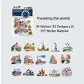 Retro travel stickers featuring 15 global landmarks like Eiffel Tower in PET waterproof material - Track of the World / 30 Sheets