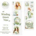 Nastro PET in stile vittoriano verde vintage con fiori e conigli per decorazione diario - Vite Verde Intrecciata