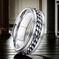 Silver stainless steel spinner ring for men with rotatable Cuban chain and brushed finish - Size 5 / Embossed All-Steel Chain Rotating Style (25-C-2) / Steel