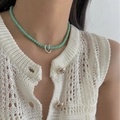 Handmade 925 silver beaded necklace with mint green beads and textured hollow heart pendant - Blue + Heart