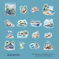 Maldives travel theme PET stickers set featuring watercolor beach and architecture icons - Maldives