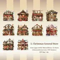 Set de 10 hojas de pegatinas PET de edificios navideños para scrapbooking DIY - Grandes Almacenes de Navidad