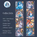 PET shell light coffee latte theme tape with girls and coffee bean motifs for journaling - Latte Art