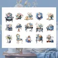 Vintage PET stickers pack with blue floral clocks and antique chairs for scrapbooking - Palace Memories