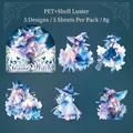Witch Night blue PET stickers with shell light finish and anime girl designs, 5 sheets - Witch Night