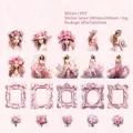 Set de 20 pegatinas de PET rosa con chicas de ensueño y marcos florales vintage - Dama Rosa