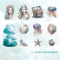Set de 11 stickers PET Blue Dream avec motifs sirènes et méduses peints à la main - Rêve d'Azur