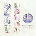 Matte PET tape Flower and Girl series featuring floral illustrations and blue butterflies - Flowers and Girls