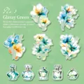 Floral PET stickers with glass glitter effect and perfume bottle designs, 10 pieces pack - Glazed Green