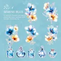 Floral PET stickers featuring blue watercolor flowers and vintage perfume bottles - Silent Blue Chapter