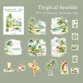 Tropical beach themed PET stickers set with palm trees and surfing motifs, 30 pieces - Passionate Seaside