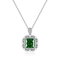 Luxurious S925 silver necklace with square emerald pendant and floral diamond halo - 925 Silver / Green Zirconia (With Cross Chain) (XL021)