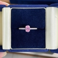 Close-up of oval pink gemstone ring with pavé diamonds in a blue velvet box - Pink Zirconia-CBJZ317