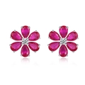 S925 sterling silver daisy stud earrings with ruby red petals and white center stones - 925 Silver / Red Five-Flower Stud Earrings