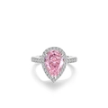 Pear cut pink diamond ring with halo setting and pavé silver band on white background - Size 5 / Simple Pear Cut Style (CBJZ019) / Pink