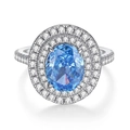 Squisito anello in argento S925 con una grande gemma blu ovale e halo di diamanti - US 5 / Strass Blu
