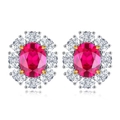 Boucles d'oreilles fleur avec rubis ovale et entourage en zircone argentée - Argent 925 / Rouge Rubis