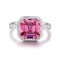 Exquisite S925 silver ring featuring a large emerald-cut pink gemstone with halo setting - US 5 / Pink
