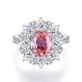 Lussuoso anello in argento S925 con gemma rosa ovale e aureola di diamanti a cuore - US 5 / Rosa Padparadscha