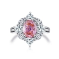 Elegante anello in argento S925 con gemma rosa ovale e montatura a raggiera floreale - US 5 / Zirconia Rosa (CBJZ235)
