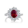 Elegant S925 silver flower ring with oval ruby center stone and petal shaped zircons - US 5 / Red