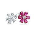 Anello bypass in argento 925 con fiori scintillanti in pietre rosse e bianche taglio a pera - Aperto Regolabile / Zirconia Rosso Rosa (CBJZ258)