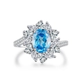 Elegant S925 silver ring with oval aquamarine stone and halo of sparkling zircon - US 5 / Blue