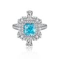 Lussuoso anello in argento S925 con gemma blu e grappolo di fiori in zircone - US 5 / Blu