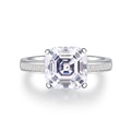 Anello in argento S925 con diamante taglio Asscher quadrato e pietre laterali baguette - US 5 / Bianco
