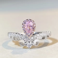 Luxurious S925 sterling silver crown ring featuring a pear-cut pink zircon and pavé crystals - US 5 / Pink