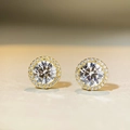 Macro detail of S925 silver 1ct moissanite stud earrings with a gold halo setting - High Carbon Diamond-Silver (ED097) / 1 ct