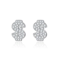 Hip-hop style S925 sterling silver dollar sign stud earrings with clear moissanite stones - 925 Silver / Silver