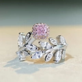 Macro detail of leaf-shaped silver ring with pink cushion-cut gem and zircon accents - Adjustable Open / Pink (CBJZ384)