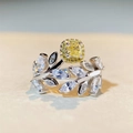 Macro detail of leaf-shaped silver ring with square yellow gemstone and sparkling accents - Adjustable Open / Yellow (CBJZ371)