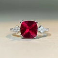 Pigeon blood red 925 silver ring with square cut gemstone and side diamond accents - US 5 / Red