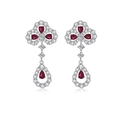Detail of silver clover earrings with red pear-cut stones and white zircon accents - 925 Silver / Red