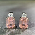 925 silver stud earrings with emerald-cut pink gemstone and round white accent stones - Stud Earrings Pair (ED089) / 925 Silver / Pink
