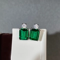 S925 sterling silver earrings with emerald-cut green gemstones and white zircon stones - Stud Earrings Pair (ED090) / 925 Silver / Green