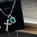 Collar de plata S925 con colgantes de esmeralda verde y cruz de diamantes - Plata 925 / Estilo Plateado (XL108)