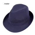 Classic dark blue fedora hat with textured fabric and ribbon for stage performance - Blue