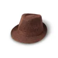 Detail of coffee brown breathable linen jazz fedora with classic ribbon and woven texture - Coffee