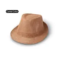 Detail of camel linen fedora hat featuring breathable woven texture and stylish indented crown - Camel