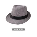 Detail view of a dark gray fedora hat with black grosgrain ribbon and classic curved brim - Dark Gray