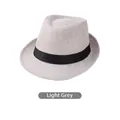 Close-up of light grey linen fedora hat featuring a stylish black silk texture ribbon band - Light Gray
