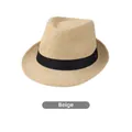 Detail of breathable beige linen fedora hat with a black ribbon and woven texture - Beige