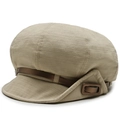 Women's beige striped newsboy cap with brown leather strap and metal buckle accent - One Size 58cm / Beige