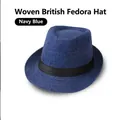 Detail of navy blue linen jazz hat featuring a black decorative band and textured weave - Navy Blue